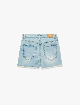 Yıpratma Detaylı Pamuklu Rahat Kalıp Mini Denim Şort