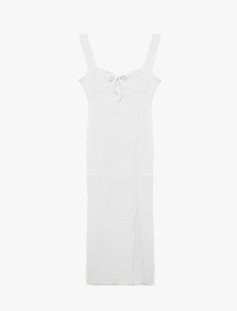 Bürümcük Kumaş Kalp Yaka Kolsuz Uzun Bodycon Elbise