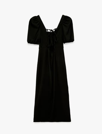 Balon Kol Kare Yaka Slim Fit Bürümcük Bodycon Midi Elbise