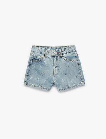 Slim Fit Pamuklu Cepli Taş Detaylı Mini Denim Şort