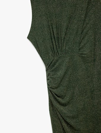 Slim Fit Bisiklet Yaka Drapeli Kolsuz Midi Boy Simli Kalem Elbise