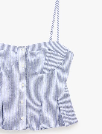 Gofre Kumaş Kalp Yaka Düğmeli İp Askılı Çizgili Crop Top