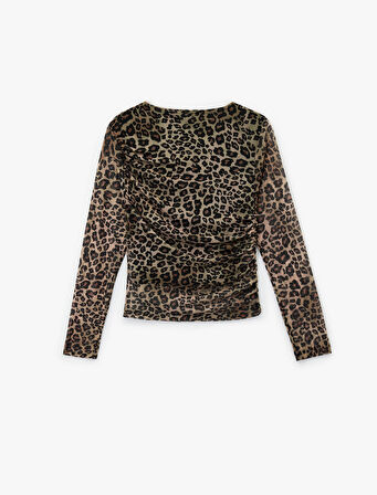 Drape Detaylı Bisiklet Yaka Slim Fit Leopar Desenli Uzun Kollu Tişört