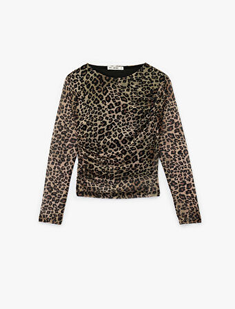 Drape Detaylı Bisiklet Yaka Slim Fit Leopar Desenli Uzun Kollu Tişört