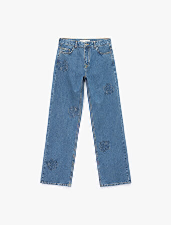 Normal Bel Düz Paça Düğmeli Çiçekli Taşlı Jean Pantolon - Straight Jeans