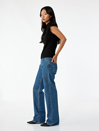 Normal Bel Düz Paça Düğmeli Çiçekli Taşlı Jean Pantolon - Straight Jeans