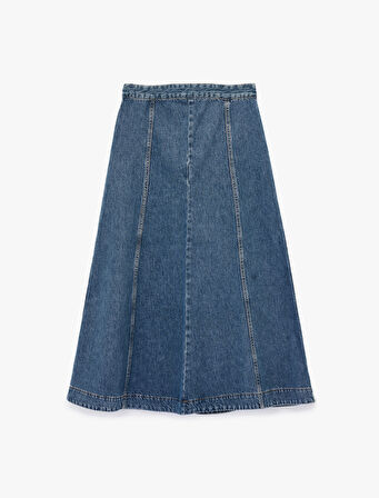Volanlı Pamuklu Denim Midi Etek