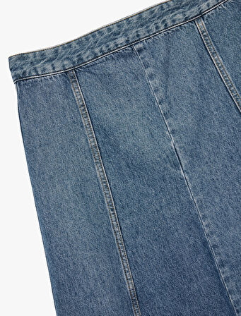 Volanlı Pamuklu Denim Midi Etek