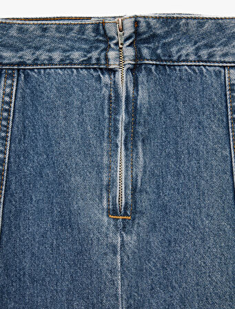 Volanlı Pamuklu Denim Midi Etek