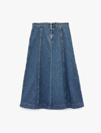 Volanlı Pamuklu Denim Midi Etek