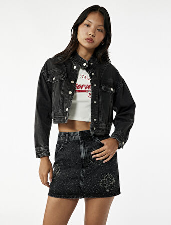 Taş Detaylı Cepli Pamuklu Mini Denim Etek