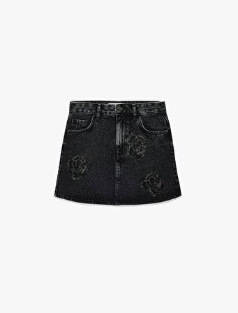 Taş Detaylı Cepli Pamuklu Mini Denim Etek
