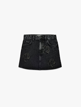 Taş Detaylı Cepli Pamuklu Mini Denim Etek
