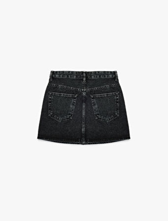 Taş Detaylı Cepli Pamuklu Mini Denim Etek