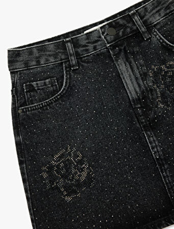 Taş Detaylı Cepli Pamuklu Mini Denim Etek