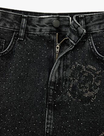 Taş Detaylı Cepli Pamuklu Mini Denim Etek