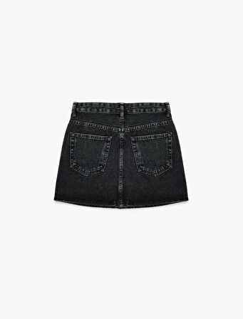 Taş Detaylı Cepli Pamuklu Mini Denim Etek