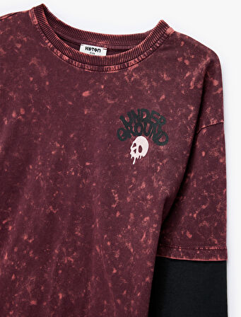 Pamuklu Uzun Kollu Bisiklet Yaka Baskılı Oversize Tişört