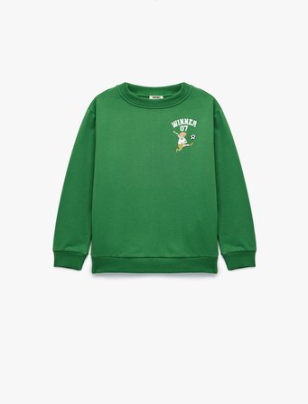 Pamuklu Uzun Kollu Bisiklet Yaka Baskılı Sweatshirt
