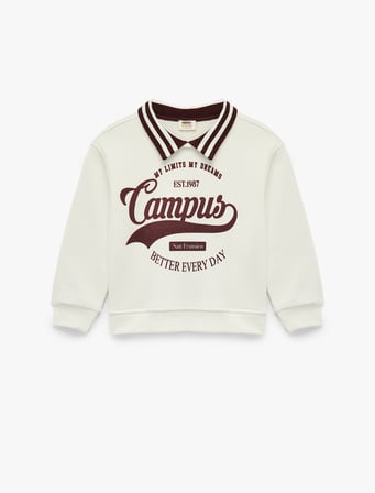 Şardonlu Uzun Kollu Baskılı Gömlek Yaka Sweatshirt