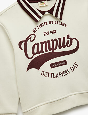 Şardonlu Uzun Kollu Baskılı Gömlek Yaka Sweatshirt