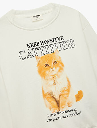 Pamuklu Uzun Kollu Bisiklet Yaka Kedi Baskılı Sweatshirt