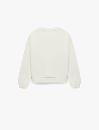 Pamuklu Uzun Kollu Bisiklet Yaka Kedi Baskılı Sweatshirt