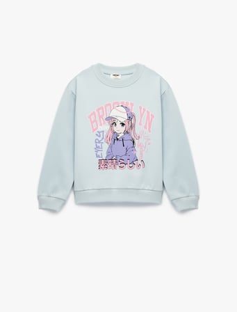 Pamuklu Uzun Kollu Bisiklet Yaka Baskılı Sweatshirt