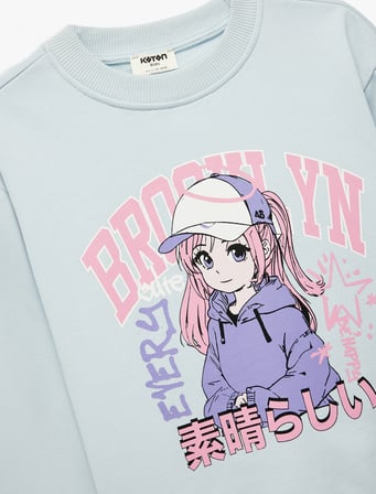 Pamuklu Uzun Kollu Bisiklet Yaka Baskılı Sweatshirt