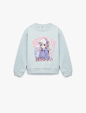 Pamuklu Uzun Kollu Bisiklet Yaka Baskılı Sweatshirt