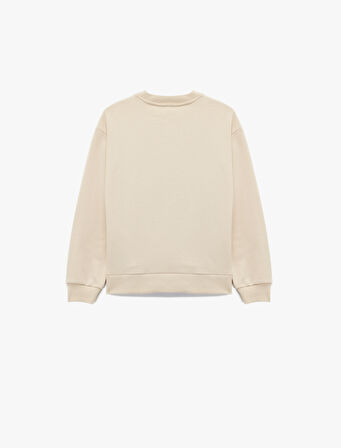 Pamuklu Uzun Kollu Bisiklet Yaka Ayıcık Baskılı Sweatshirt