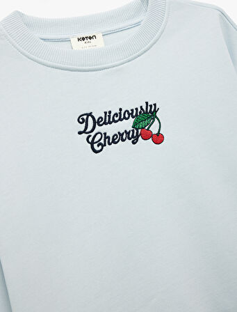 Nakışlı Uzun Kollu Bisiklet Yaka Pamuklu Sweatshirt