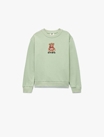 Uzun Kollu Bisiklet Yaka Ayıcık Nakışlı Pamuklu Sweatshirt