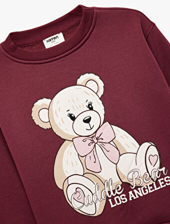 Ayıcık Baskılı Uzun Kollu Bisiklet Yaka Sweatshirt