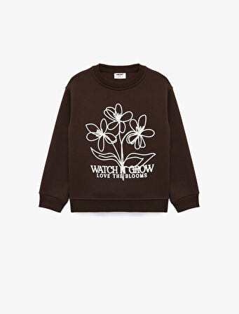 Şardonlu Uzun Kollu Bisiklet Yaka Baskılı Sweatshirt