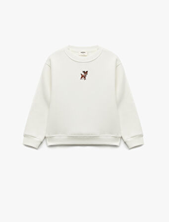 Geyik Nakış Detaylı Uzun Kollu Bisiklet Yaka Şardonlu Sweatshirt