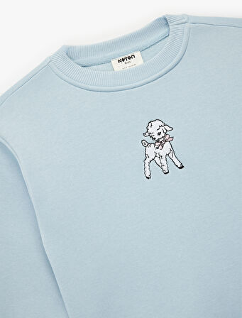 Uzun Kollu Bisiklet Yaka Kuzu Nakış Detaylı Sweatshirt