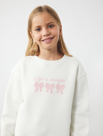 Üç İplik Uzun Kollu Bisiklet Yaka Fiyonk Baskılı Sweatshirt
