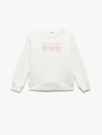 Üç İplik Uzun Kollu Bisiklet Yaka Fiyonk Baskılı Sweatshirt