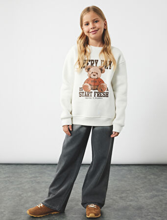 Üç İplik Ayıcık Baskılı Uzun Kollu Bisiklet Yaka Sweatshirt