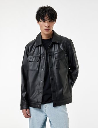 Gömlek Yaka Kapaklı Cepli Uzun Kollu Slim Fit Suni Deri Ceket