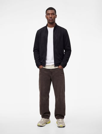 Uzun Kollu Dik Yaka Cepli Fermuarlı Slim Fit Suni Süet Bomber Ceket