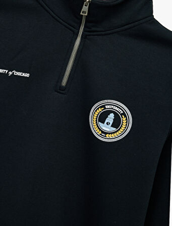 Uzun Kollu Şardonlu Baskılı Yarım Fermuarlı Sweatshirt