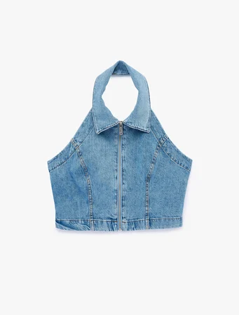 Fermuar Detaylı Halter Yaka Crop Kolsuz Denim Bluz