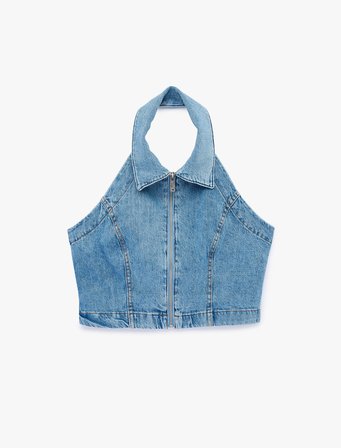 Fermuar Detaylı Halter Yaka Crop Kolsuz Denim Bluz