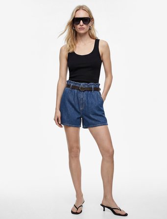 Yüksek Bel Cepli Pamuklu Kemerli Denim Şort