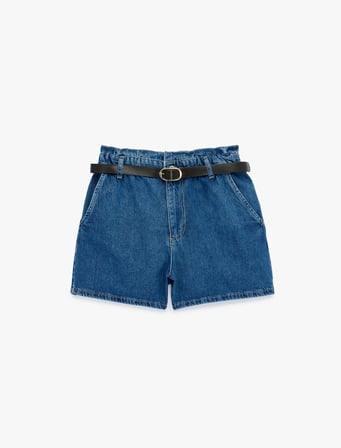 Yüksek Bel Cepli Pamuklu Kemerli Denim Şort