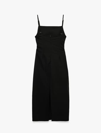 Slim Fit Kare Yaka İp Askılı Bodycon Midi Drapeli Elbise