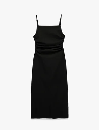 Slim Fit Kare Yaka İp Askılı Bodycon Midi Drapeli Elbise
