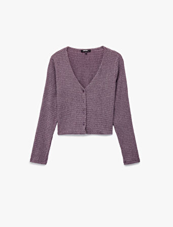 Bürümcük Kumaş Slim Fit Uzun Kollu V Yaka Düğmeli Bluz